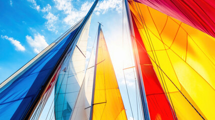 Fototapeta premium Sailboat sails billowing in the wind on a sunny day at sea