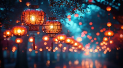 Lanterns glowing in a forest at night.
