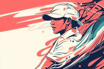 Dynamic illustration of a golfer in action, capturing movement and energy with vibrant colors and fluid lines.