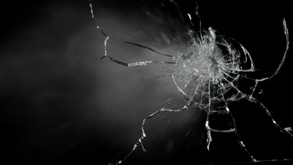 Close-up of gunshot through the glass, shattering against the black background