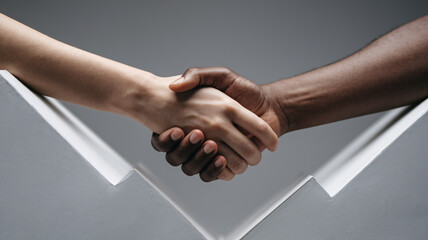 Fototapeta premium Close up multiracial couple with black and caucasian hands holding each other wrist in tolerance unity love and anti racism concept.