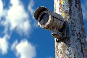 A weathered surveillance camera mounted on a pole, set against a bright blue sky with fluffy clouds.