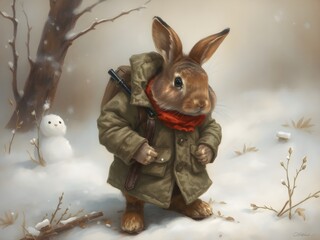 Cute cartoon rabbit walking in the snow, dressed in winter clothes.