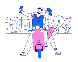 Travelers on a scooter take a selfie against the backdrop of the city