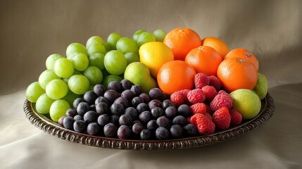 A Silver Platter Filled with Green Grapes, Black Grapes, Oranges, Raspberries, a Lemon, and a Pear
