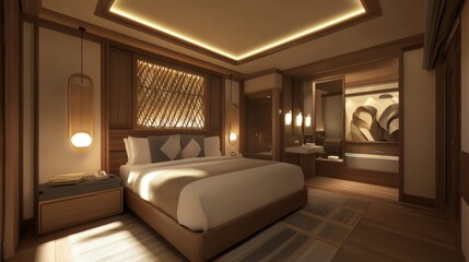 Modern Minimalist Bedroom with Wooden Accents and Subtle Lighting