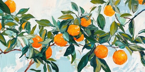 Oranges on a branch, painted with thick brushstrokes.