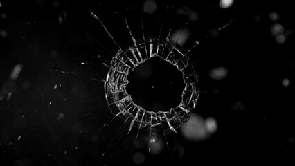 Close-up of gunshot through the glass, shattering against the black background
