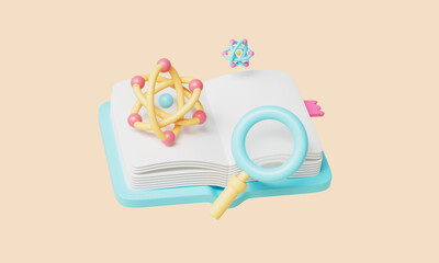 3D 원자 과학 책과 돋보기 아이콘 Atom Science Book and Magnifying Glass Icon