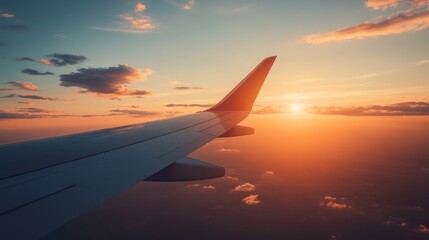 Obraz premium Airplane wing soaring through a vibrant sunset sky, offering a breathtaking view of the clouds below and the golden horizon