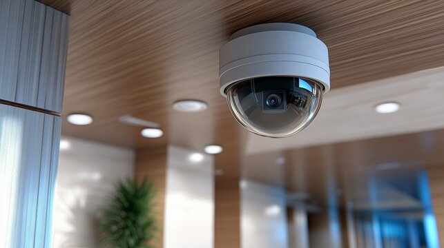 A modern security camera mounted on a ceiling, reflecting warm lighting and a hint of greenery, highlighting surveillance in a contemporary setting.