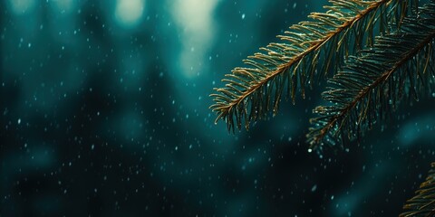 Rain on Evergreen Branch in Misty Forest