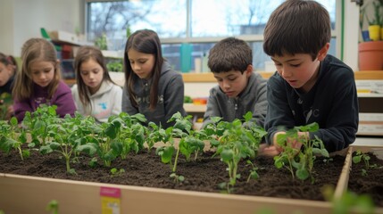 Naklejka premium Children planting seedlings in a classroom.