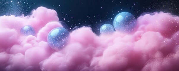 Fototapeta premium A burst of cosmetic powder in soft pastel tones, merging with glowing magical orbs of light in a dark setting