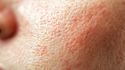 Fototapeta premium A close-up texture of irritated skin with a visible red rash caused by an allergic reaction or dermatitis. The surface shows rough, inflamed patches with small bumps, highlighting