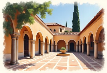 Fototapeta premium Interior pool courtyard Patio de la Alberca of the Alcazaba fortress of Malaga, Andalusia in southern Spain, with distinctive Moorish arches and columns. 