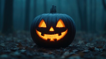 Obraz premium A glowing jack-o'-lantern illuminates a dark forest, enhancing the eerie ambiance typical of Halloween night.