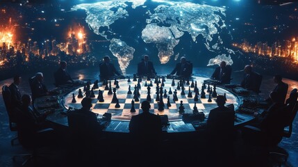 Silhouetted figures play chess, world map behind.