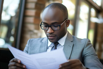 A man reviews important documents at a cafe while wearing a suit and glasses on a sunny afternoon. Generative AI