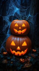 Obraz premium A spooky Halloween scene featuring stacked jack-o'-lanterns glowing in the dark, surrounded by cobwebs and a mysterious forest backdrop.