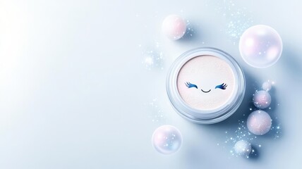 An elegant jar of cosmetic powder surrounded by floating orbs of magical light and glowing dust particles