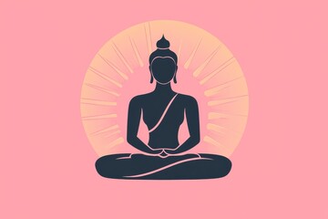 Buddha silhouette in lotus position against a pink circular aura symbolizing meditation enlightenment and inner peace in a minimalist spiritual design