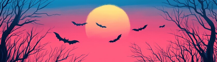 Naklejka premium A serene sunset with a vibrant sky and flying bats, framed by silhouetted tree branches, evoking a mysterious, autumnal atmosphere.