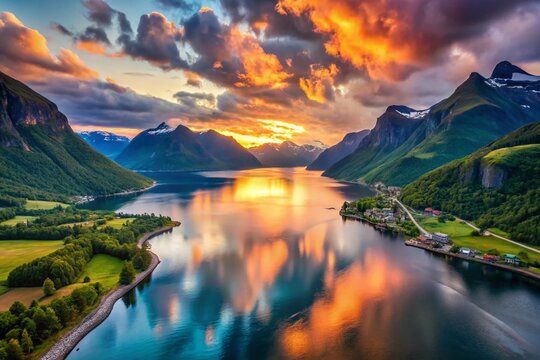 Aerial Long Exposure of Romsdalsfjorden, Norway - Serene Waters and Majestic Mountains