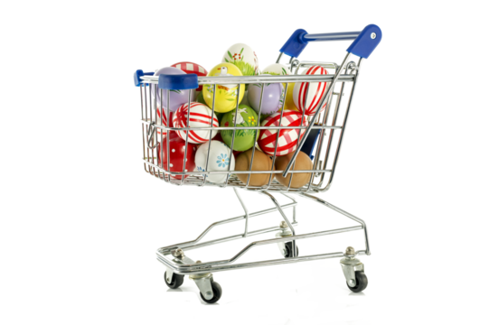 shopping cart with easter eggs isolated on transparent background