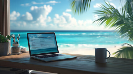 Laptop and coffee mug placed on desk in seaside view
