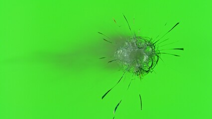 Close-up of gunshot through the glass, shattering against the green background