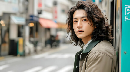 Young Man with Long Hair Posing in Urban Setting