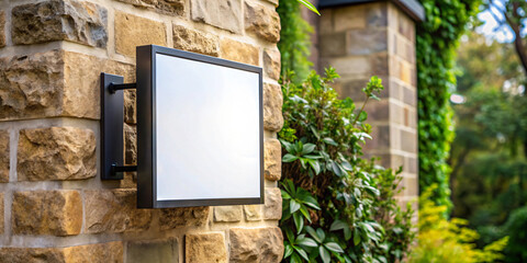 White blank sign as a mockup hanging from the side of an elegant and sophisticated office building