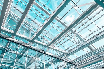 Interior of a modern office building with glass roof and blue sky