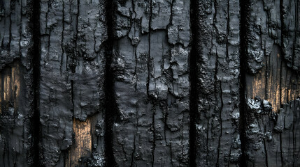 Obraz premium Charred Wood Texture: Close-up of Burned Wooden Plank, Showing Details of Blackened Surface and Cracks