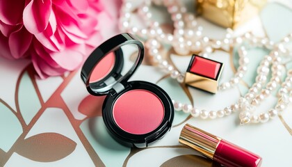 A 1920s-inspired makeup kit featuring rouge compacts, pearl necklaces, and lipsticks, arranged on an art deco-patterned surface with gold accents.