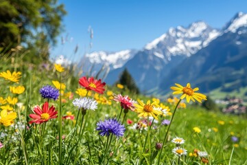 Vibrant wildflowers blooming in nature with mountains in the background under a clear blue sky.