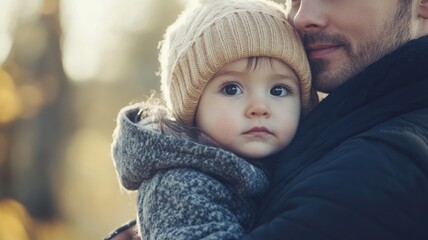 Man holds toddler in cozy outdoor setting, both wearing warm clothes