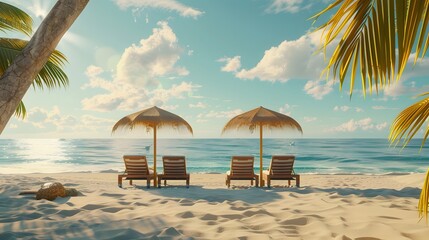 Obraz premium beach view with chairs and umbrellas for relaxing