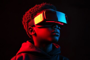 close-up of african american boy wearing VR glasses with neon lights on black background