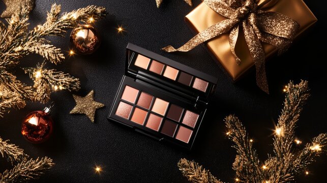 A flat lay of a luxurious holiday-themed makeup palette, placed on a glossy black surface with festive golden light reflecting around it.