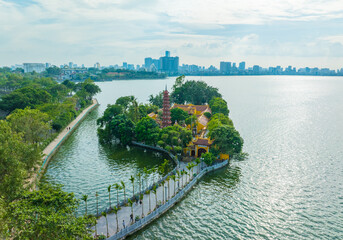 Aerial view of Tran Quoc pagoda, the oldest temple in Hanoi, Vietnam.