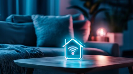 A glowing house icon with a Wi-Fi symbol on a sleek glass coffee table, with a minimalist modern living room in the background featuring stylish furniture.