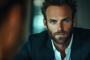 Fototapeta premium Confident Caucasian man with a beard in a tailored suit showing strong presence.