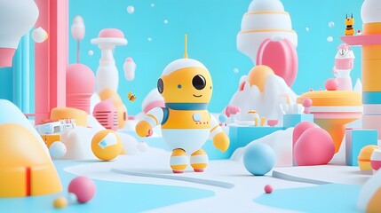 A 2D illustrated background with fully rendered 3D characters interacting with objects
