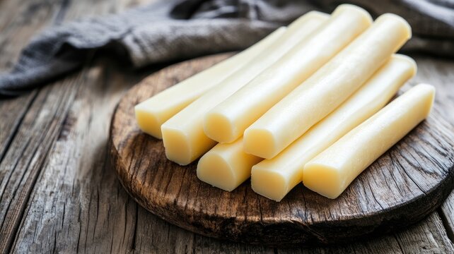 String cheese sticks stacked on wooden board, rustic setting