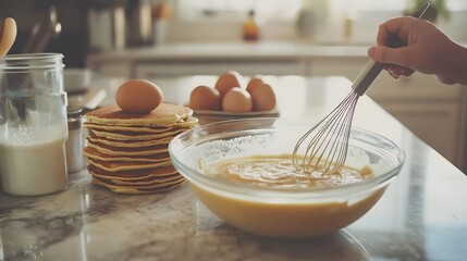 Whisking Pancake Batter by Hand in Kitchen Setting