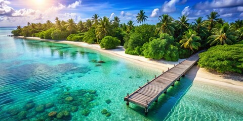 Obraz premium Aerial View of a Stunning Beach with Wooden Platform in the Ocean for Travel and Relaxation Imagery