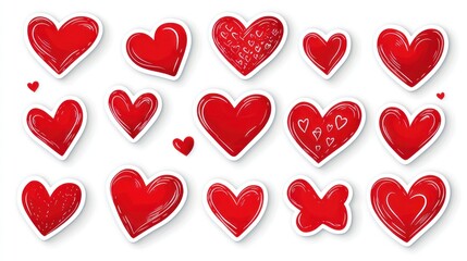 Red color heart shape sticker set isolated on white background