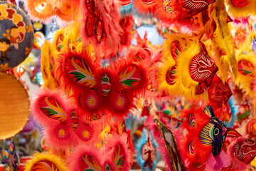 Decorated colorful lanterns hanging on a stand in the streets in Hang Ma street, Ha Noi city, Vietnam during Mid Autumn Festival.